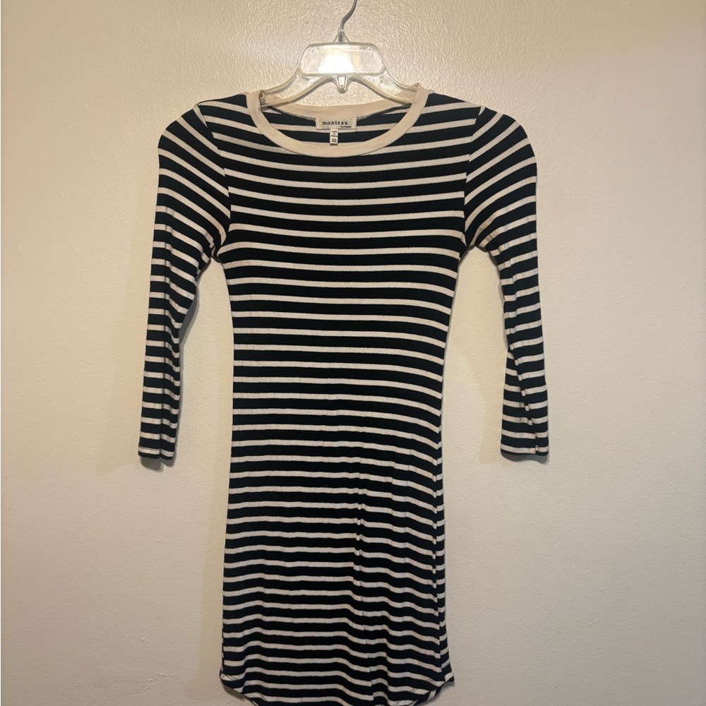 Monteau Black and White Striped Long Sleeve Dress